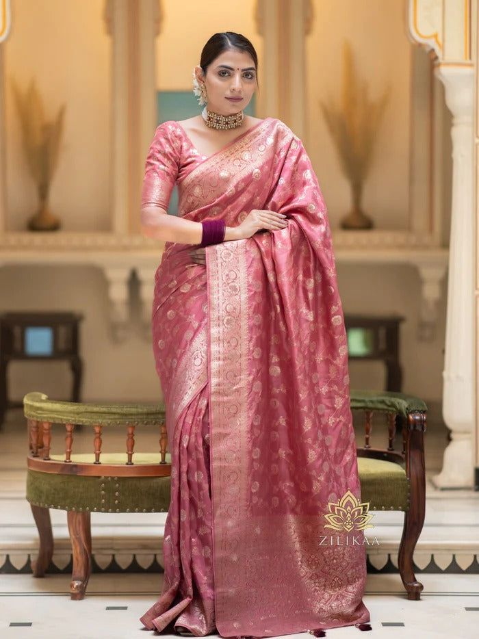 Hira Peach Banarasi Silk Saree With Amazing Blouse Piece