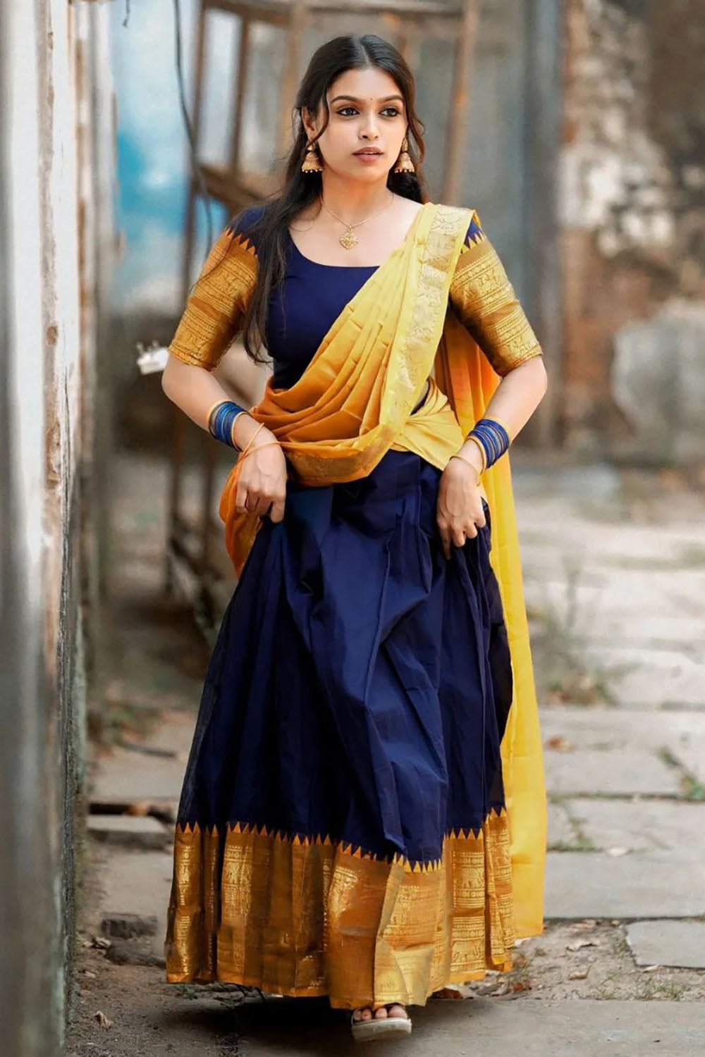 Gold Blue Narayanpeth Cotton Silk Jacquard Half Lehenga Saree