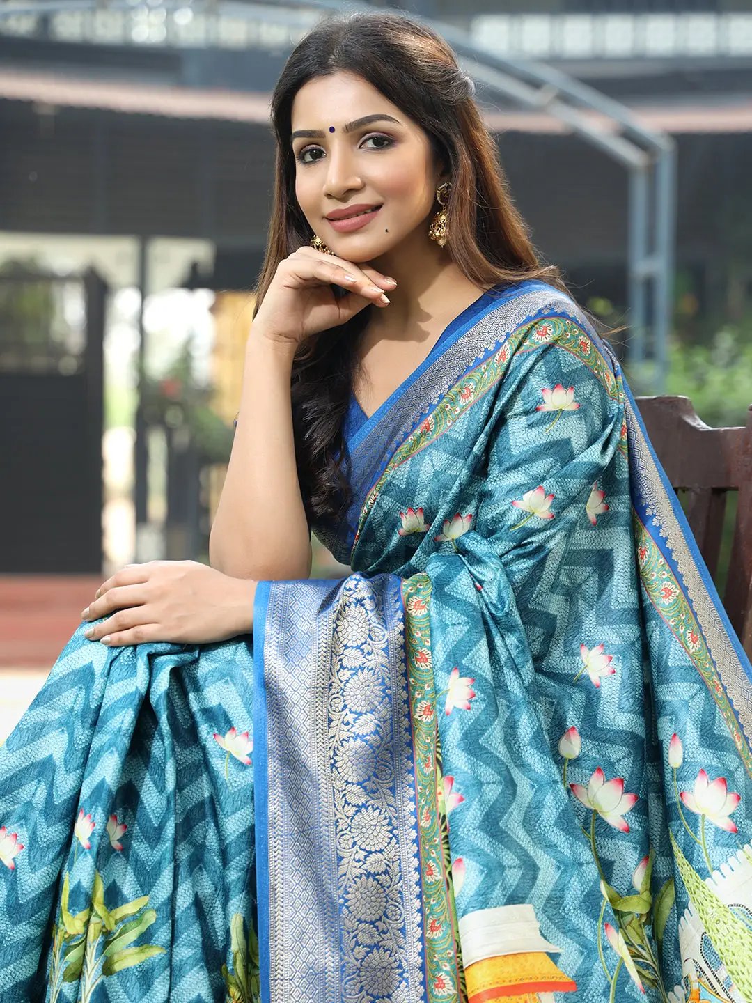 Blue Colour Pure Viscose Dola Silk Saree with Kalamkari Print