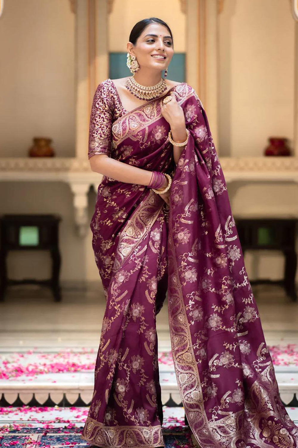 Hot Purple Kanjivaram Silk Zari Woven Saree With Blouse