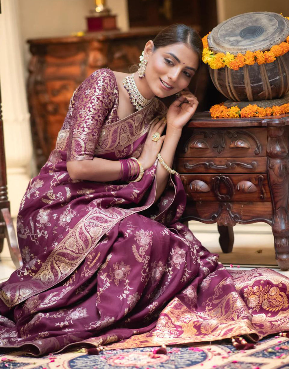 Wine Banarasi Silk Saree With Zari Weaving Work