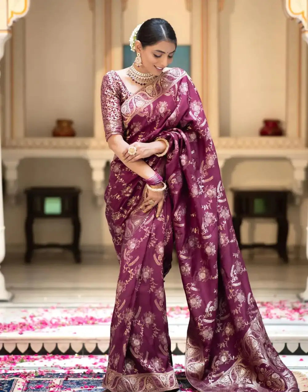 Wine Banarasi Silk Saree With Zari Weaving Work