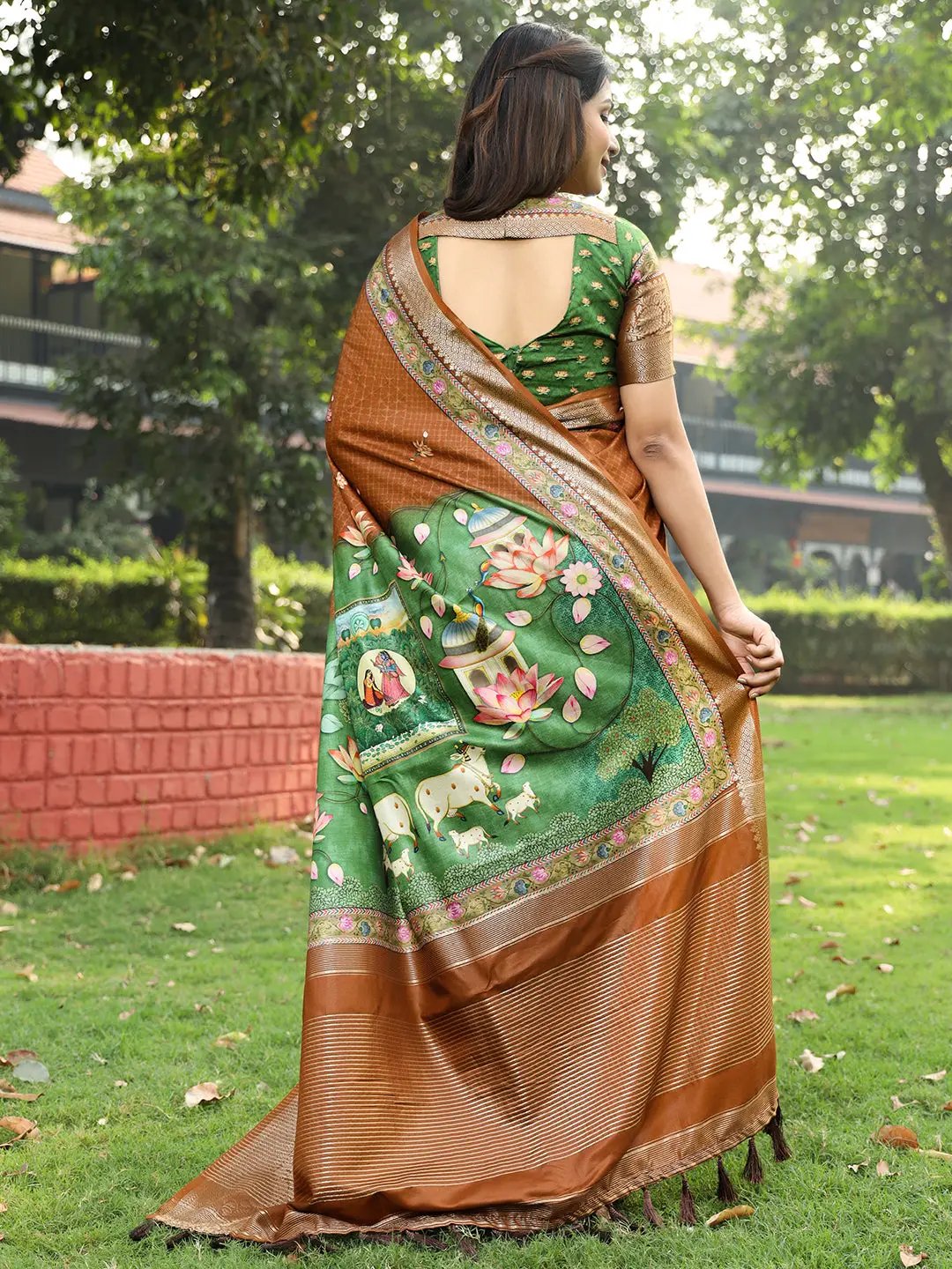 Brown and Green Colour Pure Viscose Dola Silk Saree with Kalamkari Print