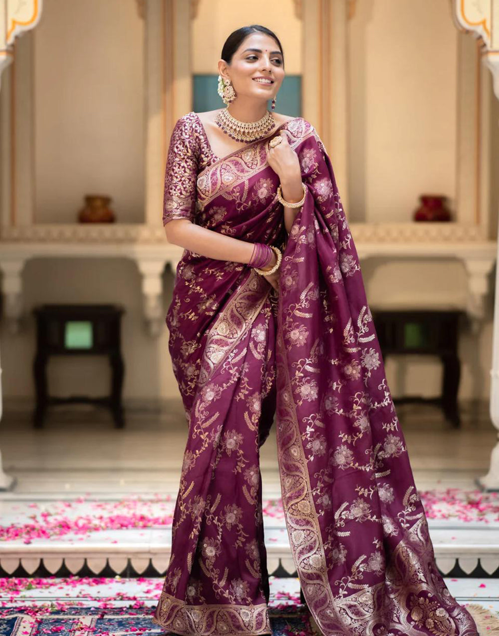 Wine Banarasi Silk Saree With Zari Weaving Work