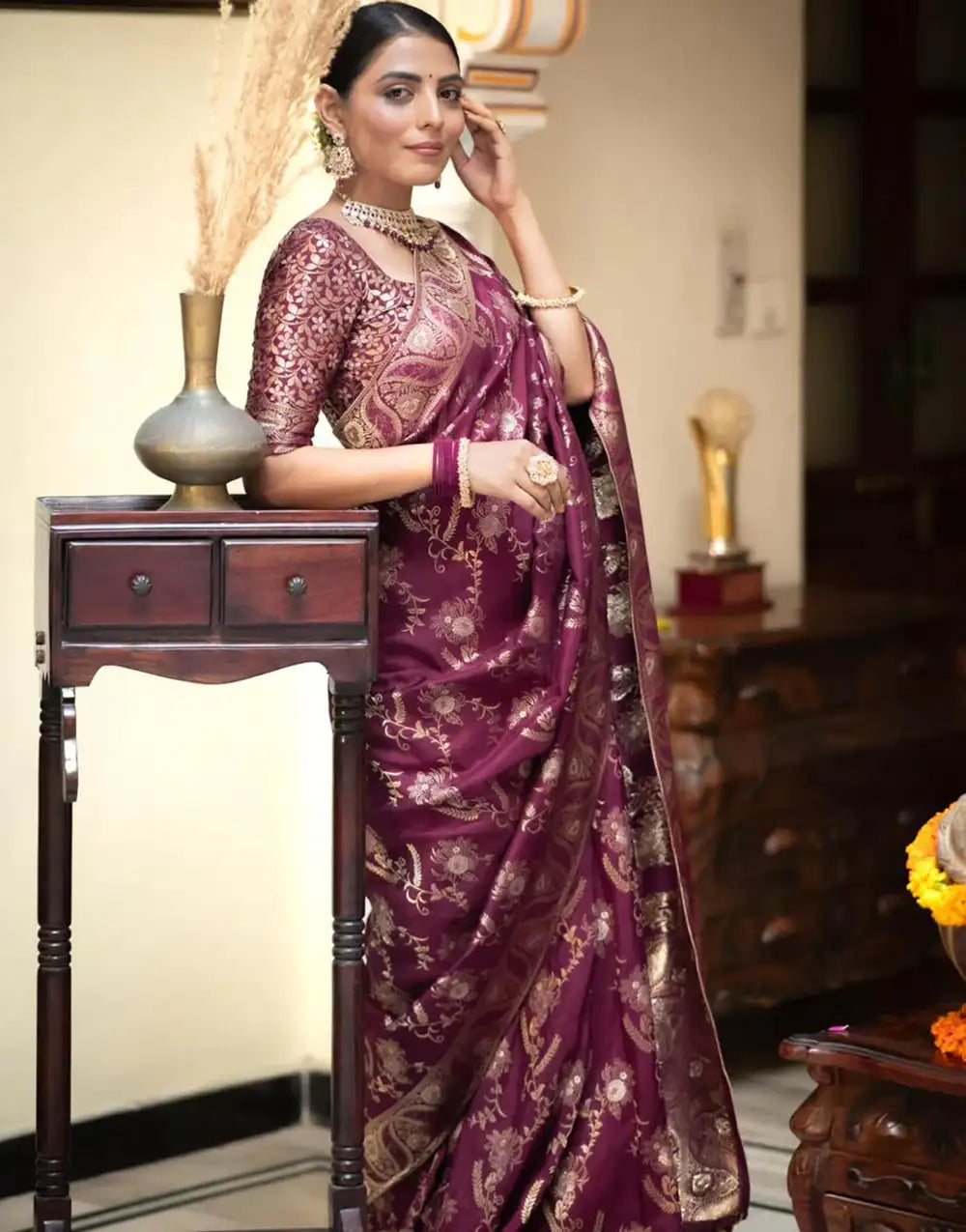 Wine Banarasi Silk Saree With Zari Weaving Work