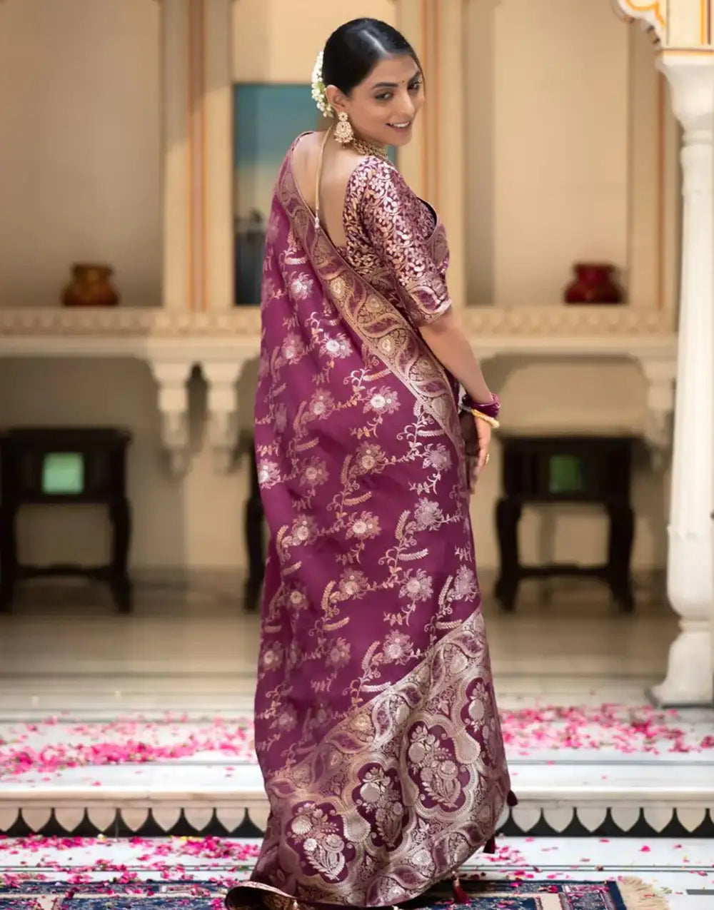 Wine Banarasi Silk Saree With Zari Weaving Work