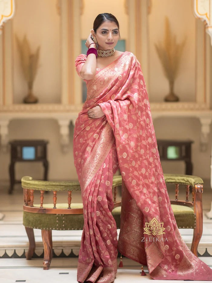 Hira Peach Banarasi Silk Saree With Amazing Blouse Piece