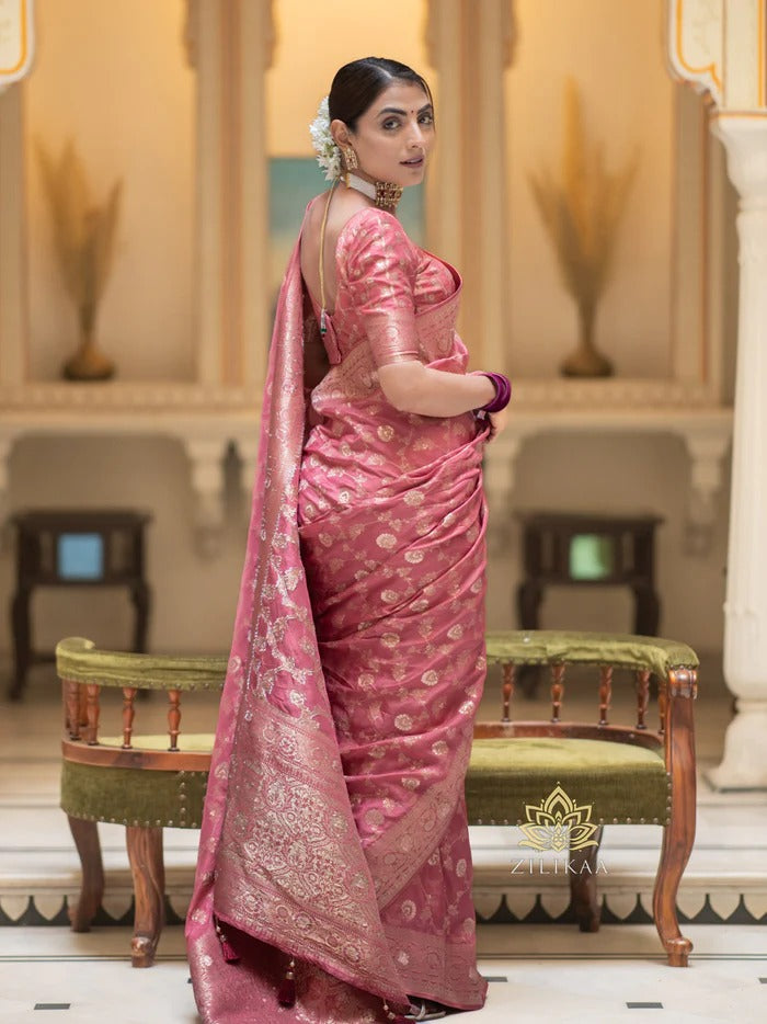 Hira Peach Banarasi Silk Saree With Amazing Blouse Piece