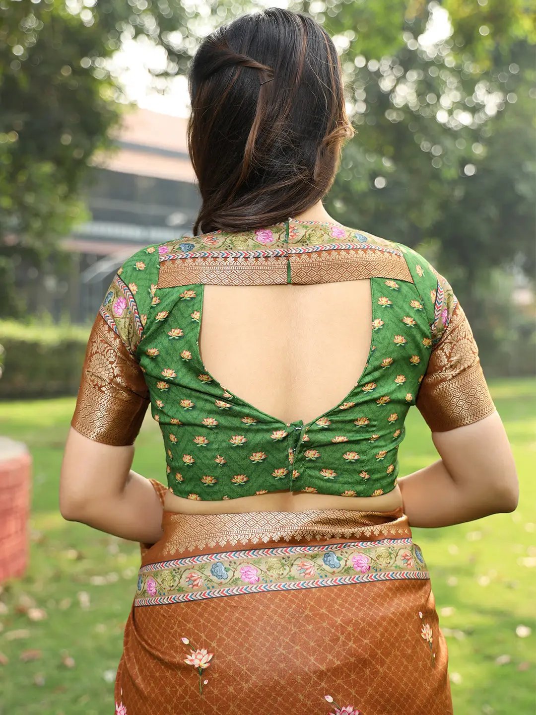 Brown and Green Colour Pure Viscose Dola Silk Saree with Kalamkari Print