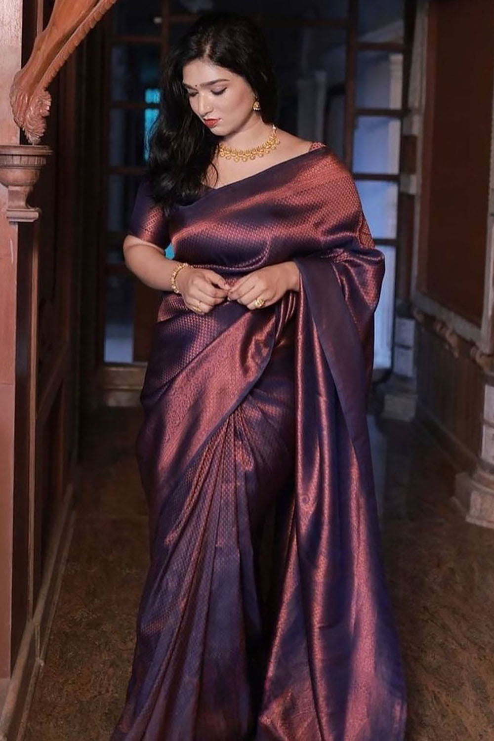 Wine Banarasi Silk Saree With Zari Weaving Work