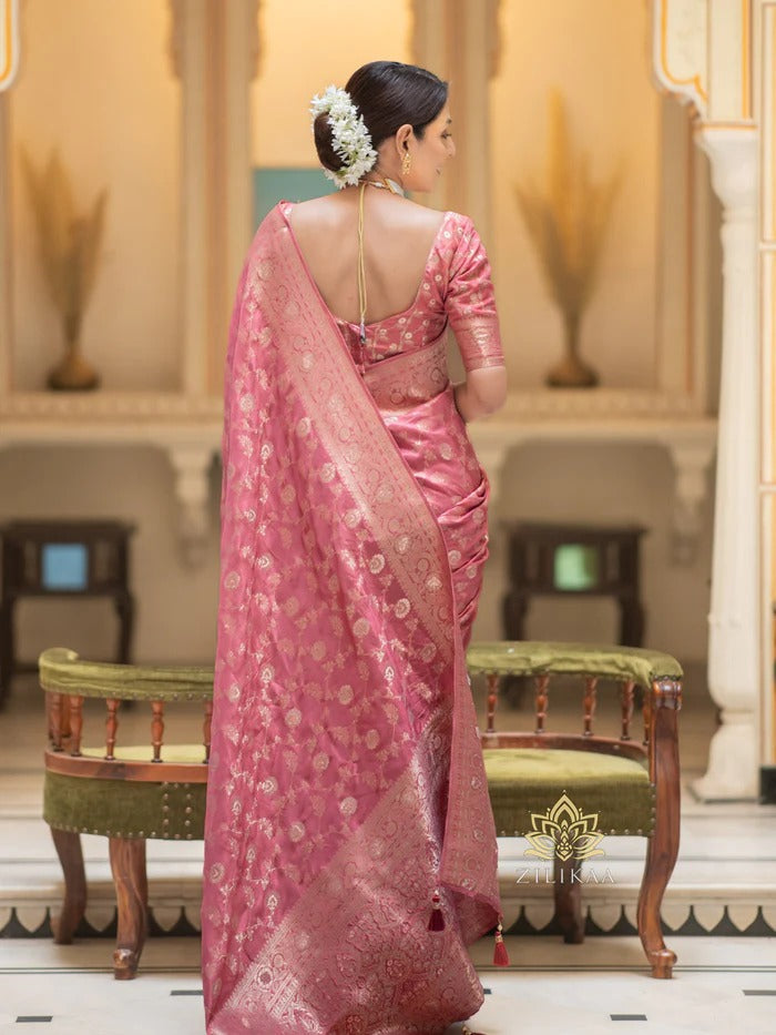 Hira Peach Banarasi Silk Saree With Amazing Blouse Piece