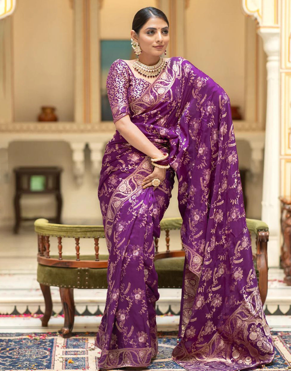 Purple Banarasi Silk Saree With Zari Weaving Work