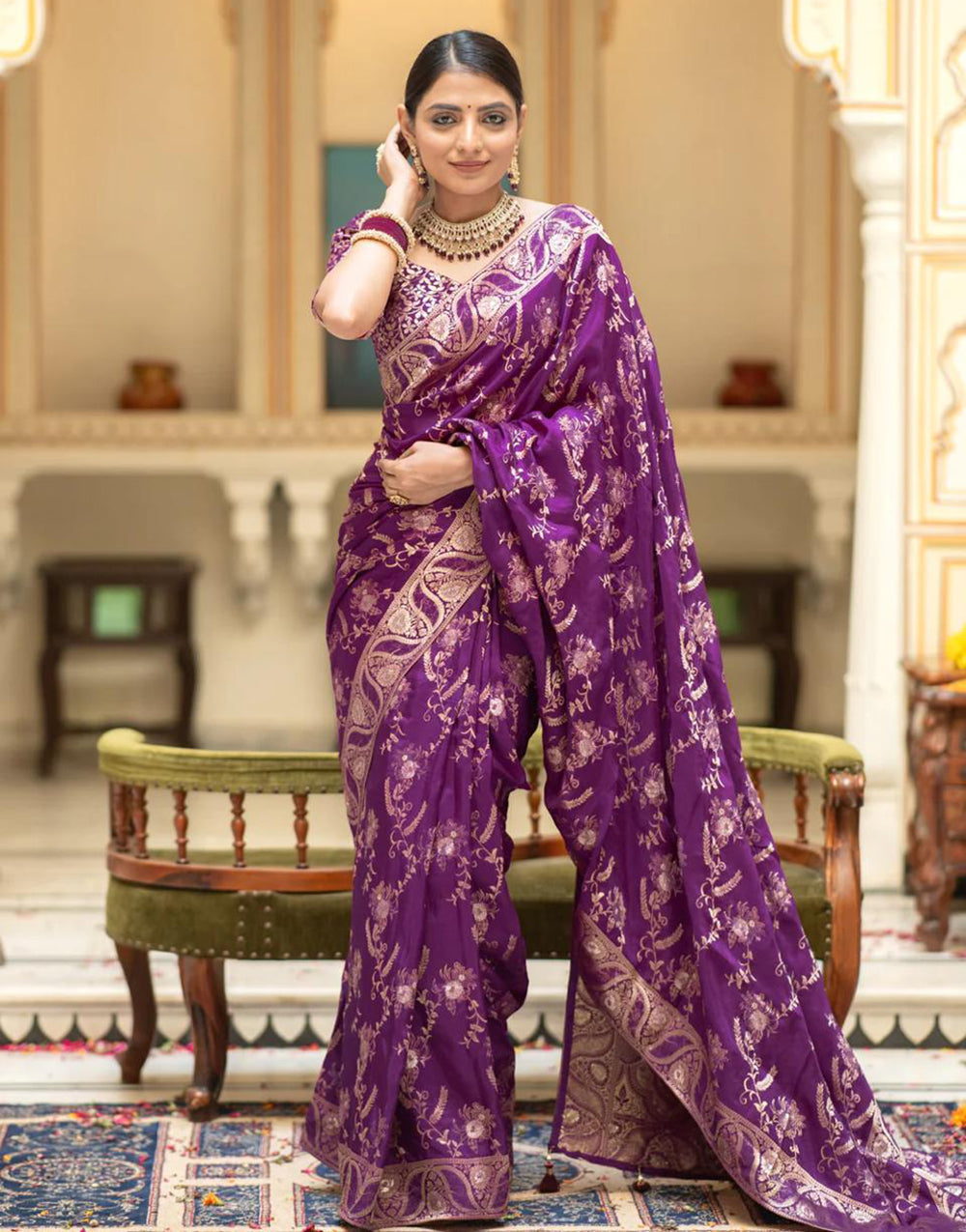 Purple Banarasi Silk Saree With Zari Weaving Work