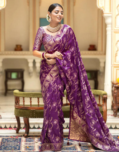 Purple Banarasi Silk Saree With Zari Weaving Work