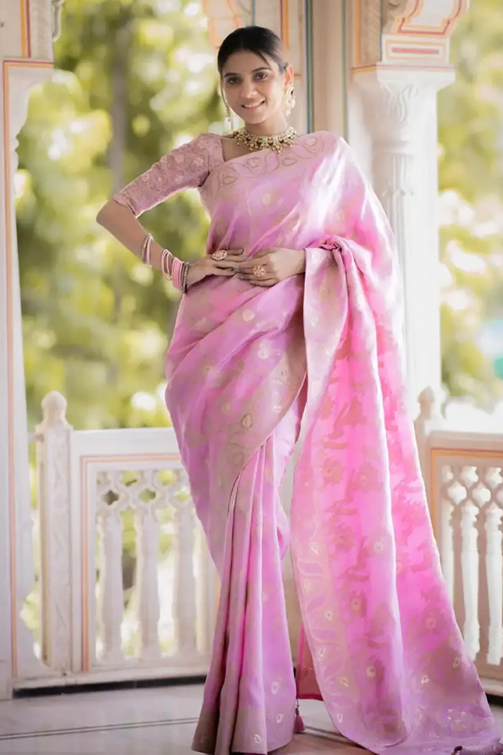 Baby Pink Kanjivaram Silk Zari Woven Saree With Blouse