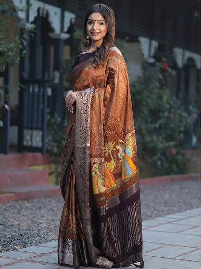 Brown Colour Pure Viscose Dola Silk Saree with Kalamkari Print