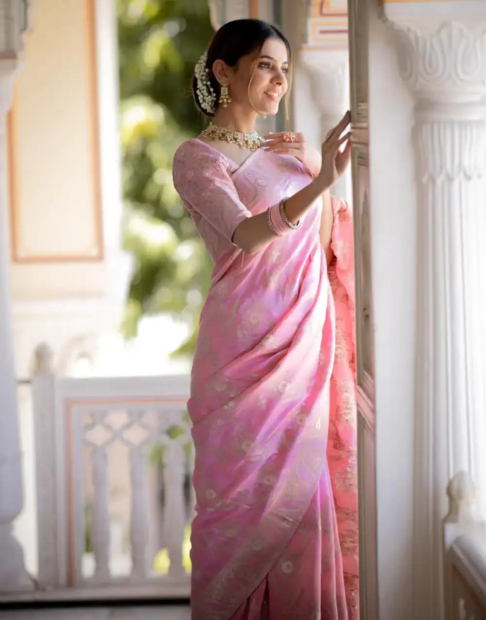 Baby Pink Banarasi Silk Saree With Zari Weaving Work