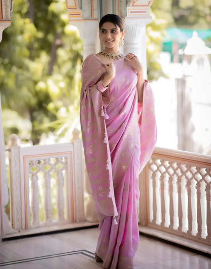 Baby Pink Banarasi Silk Saree With Zari Weaving Work