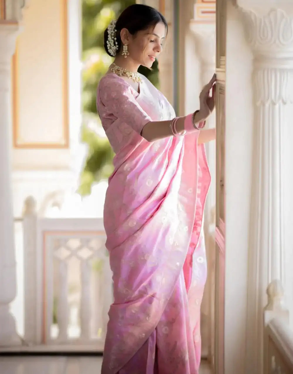 Baby Pink Banarasi Silk Saree With Zari Weaving Work