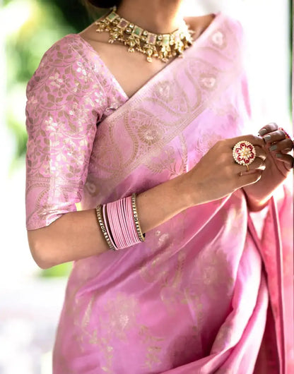 Baby Pink Banarasi Silk Saree With Zari Weaving Work