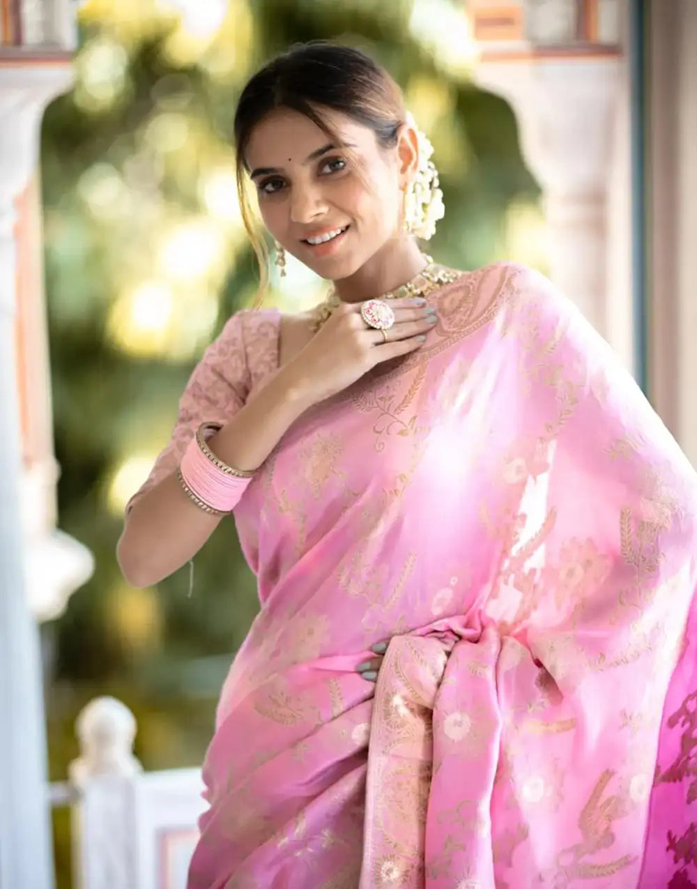 Baby Pink Banarasi Silk Saree With Zari Weaving Work