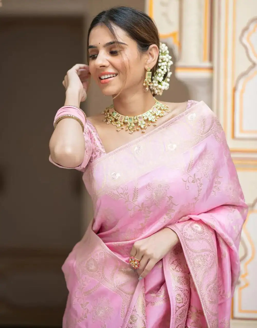 Baby Pink Banarasi Silk Saree With Zari Weaving Work