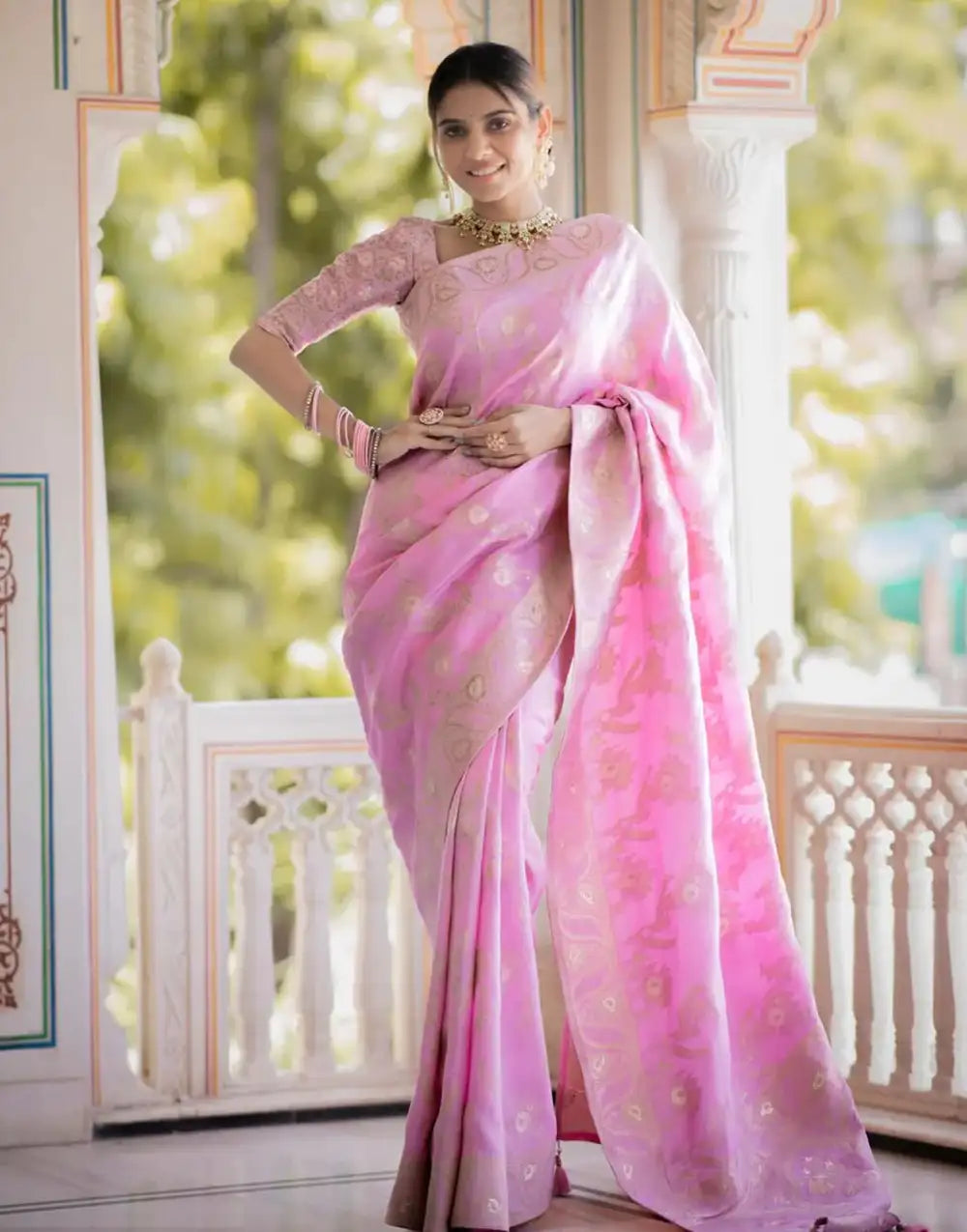 Baby Pink Banarasi Silk Saree With Zari Weaving Work