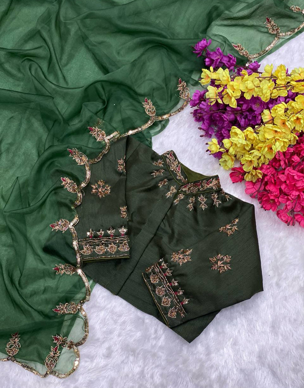 Fean Green Organza Saree With Hand Work &amp; Sequence Work