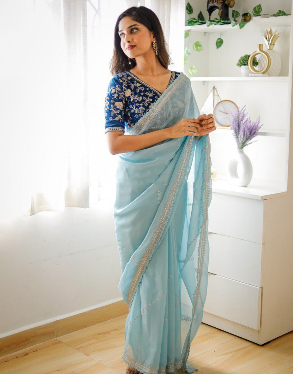 Sky Blue Organza Saree With Zari &amp; Sequence Work