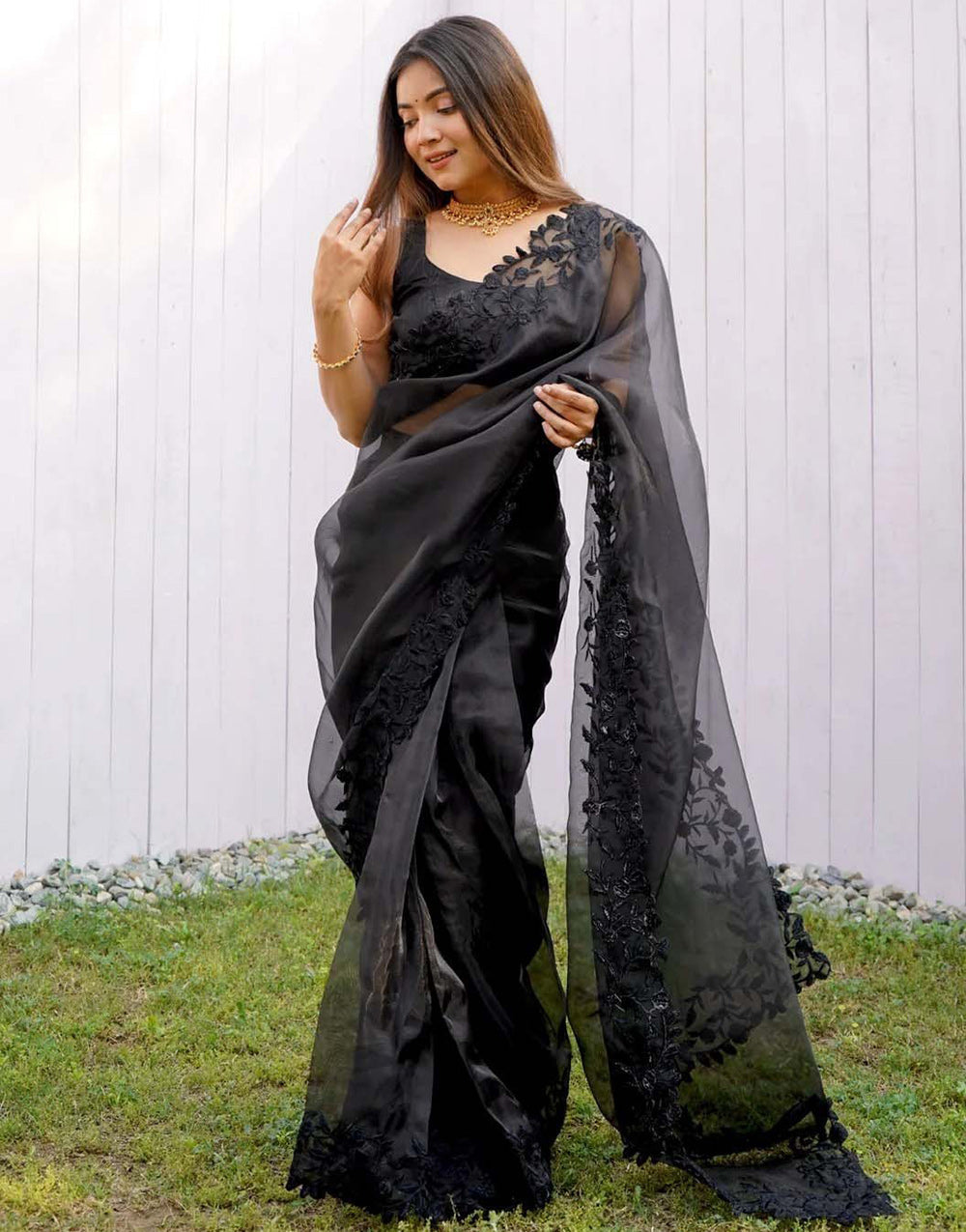 Black Organza With Embroidery Thread &amp; Cut Work Saree