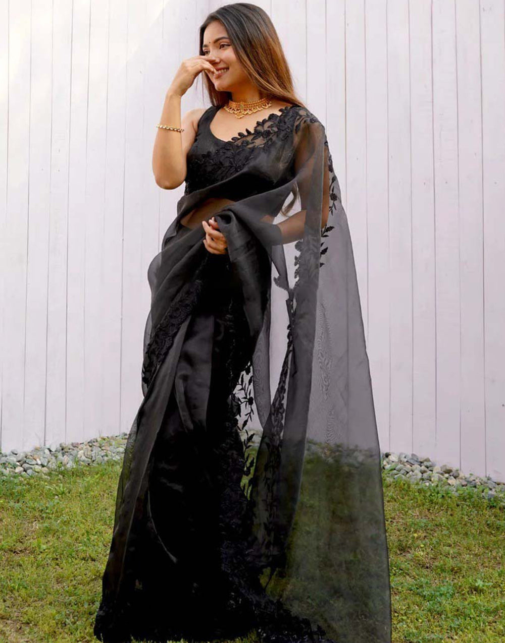 Black Organza With Embroidery Thread &amp; Cut Work Saree