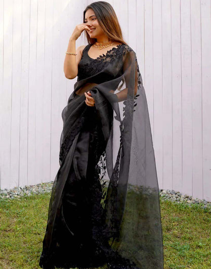 Black Organza With Embroidery Thread &amp; Cut Work Saree