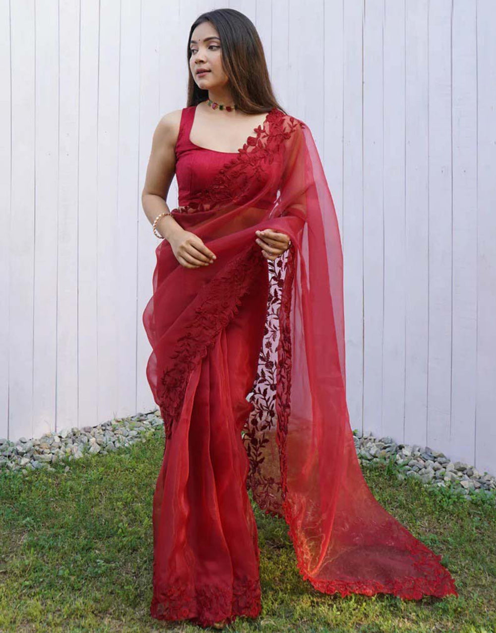 Maroon Organza With Embroidery Thread &amp; Cut Work Saree