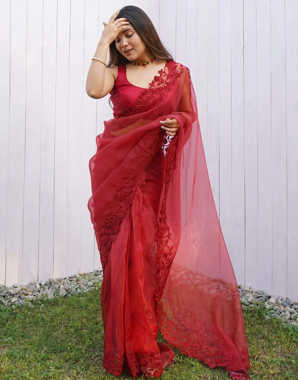 Maroon Organza With Embroidery Thread &amp; Cut Work Saree