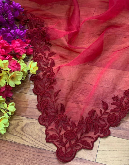 Maroon Organza With Embroidery Thread &amp; Cut Work Saree