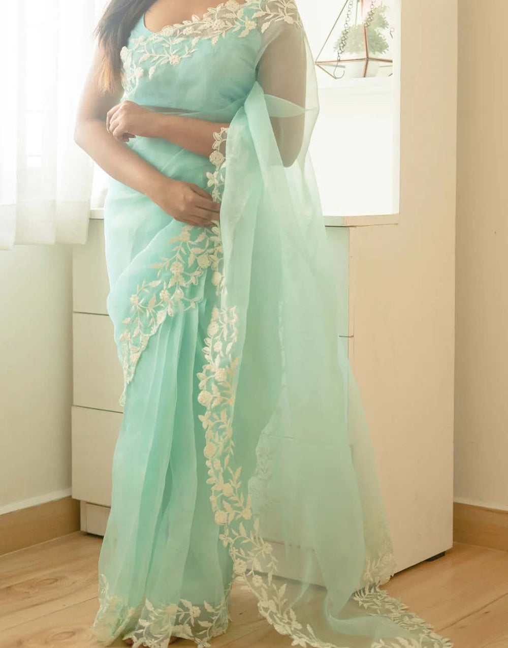 Sea Green Organza With Embroidery Thread &amp; Cut Work Saree