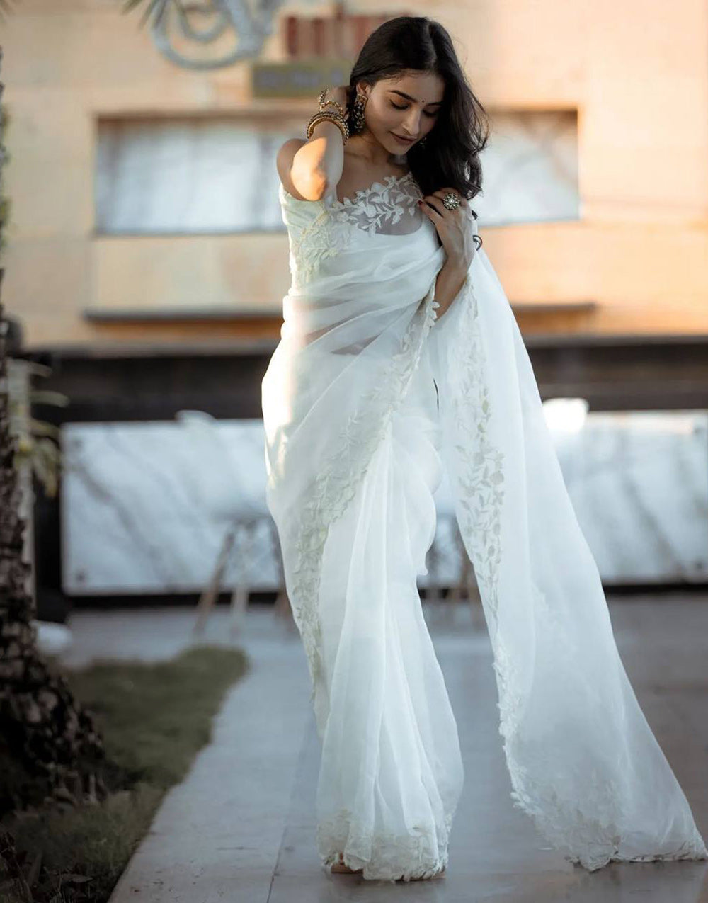 White Organza With Embroidery Thread &amp; Cut Work Saree