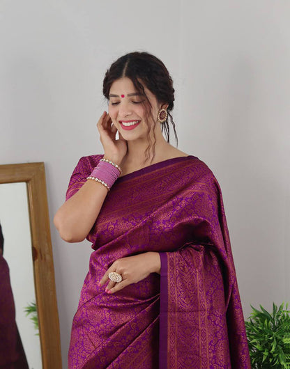 Magenta Banarasi Silk Saree With Copper Zari Weaving Work