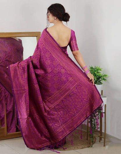 Magenta Banarasi Silk Saree With Copper Zari Weaving Work