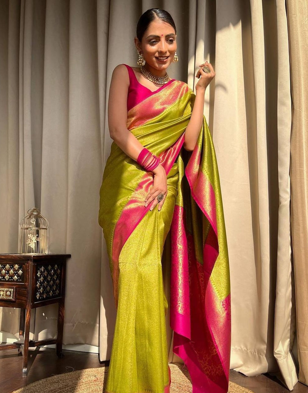 Lime Green &amp; Pink Banarasi Soft Silk Saree With Zari Weaving Work