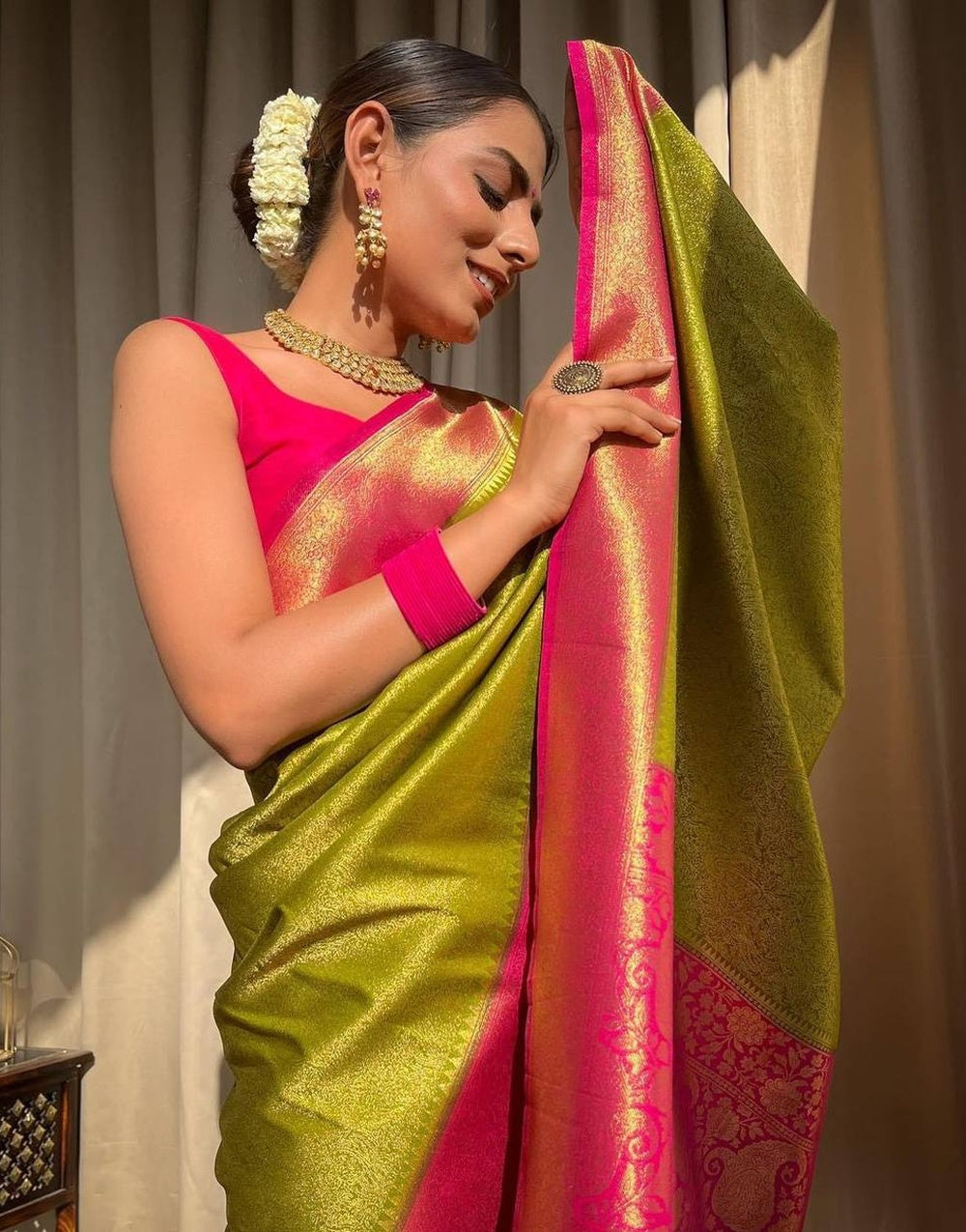 Lime Green &amp; Pink Banarasi Soft Silk Saree With Zari Weaving Work