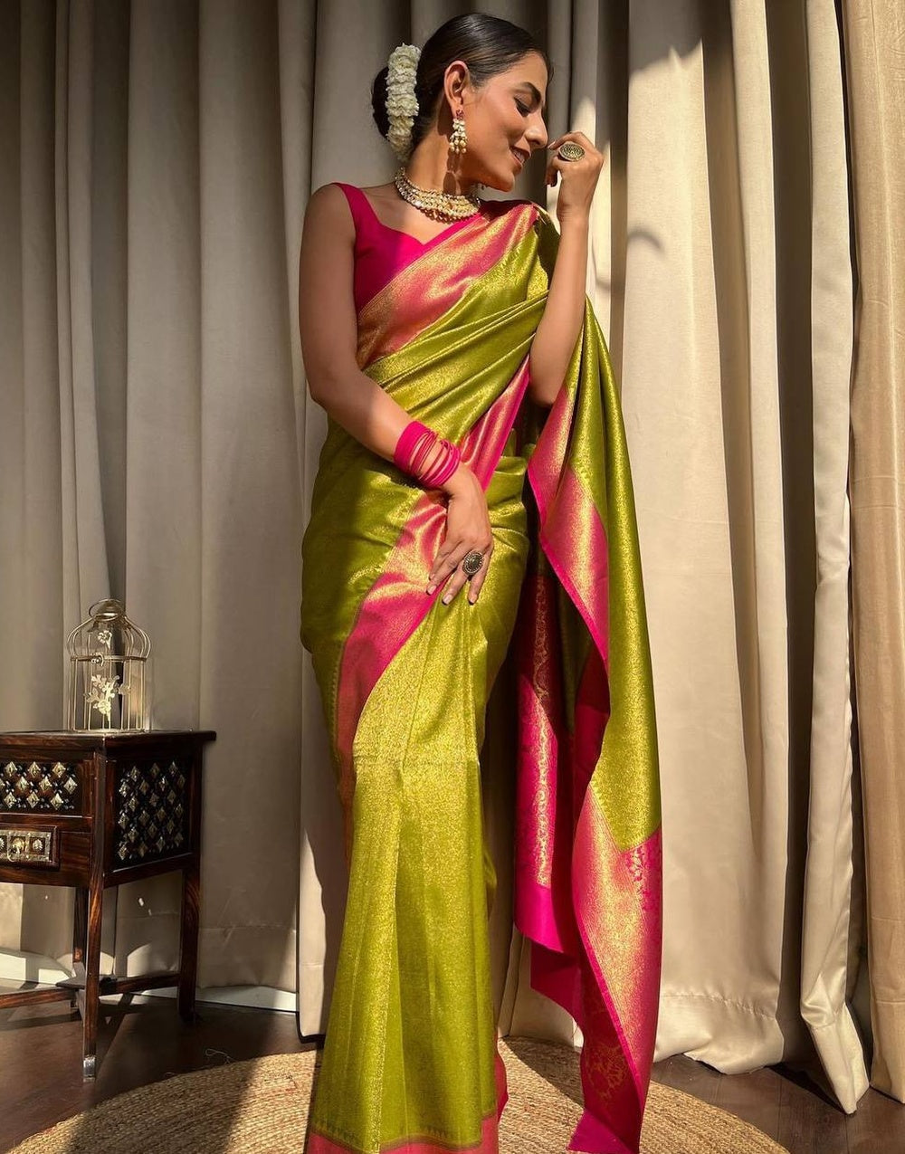 Lime Green &amp; Pink Banarasi Soft Silk Saree With Zari Weaving Work