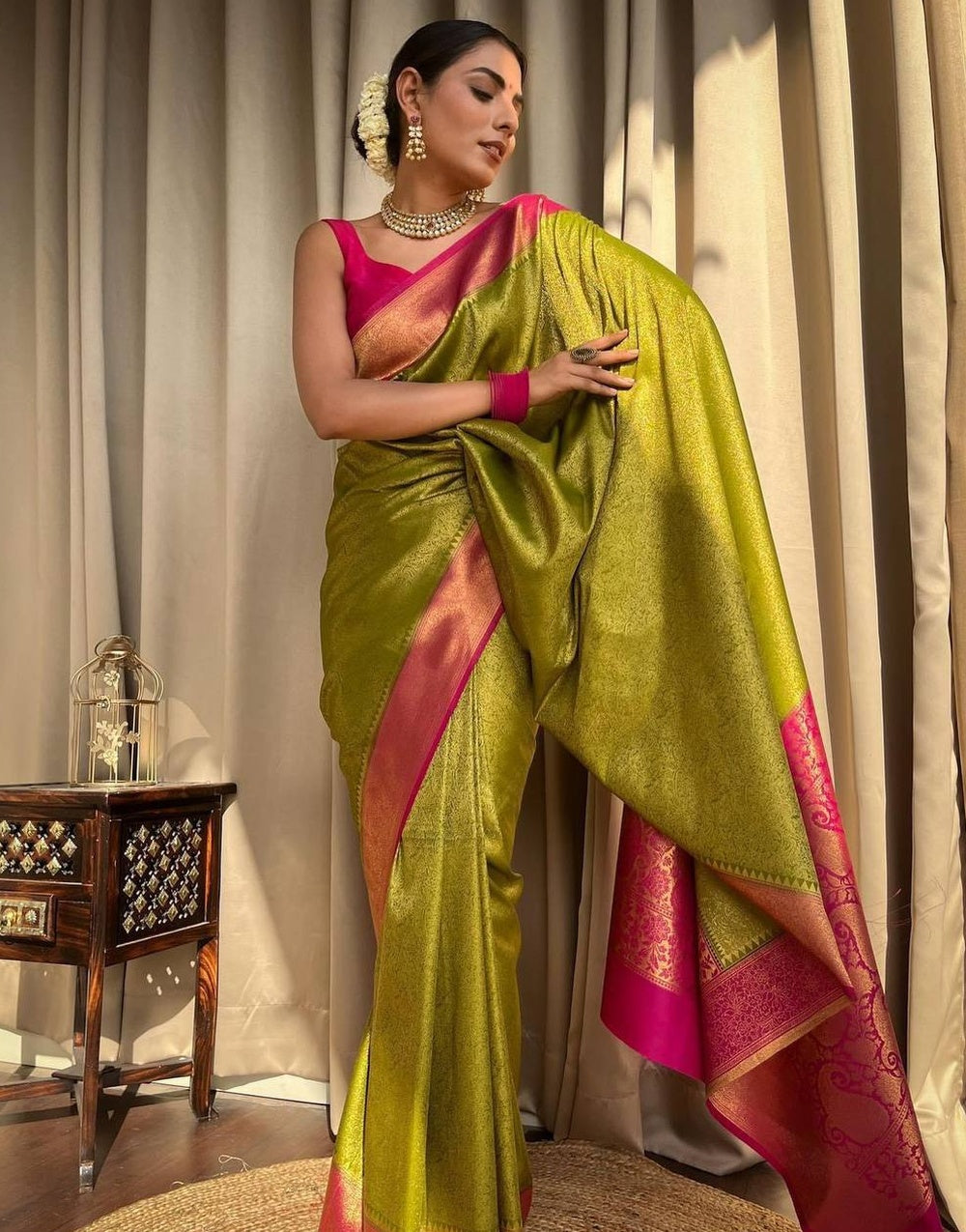 Lime Green &amp; Pink Banarasi Soft Silk Saree With Zari Weaving Work