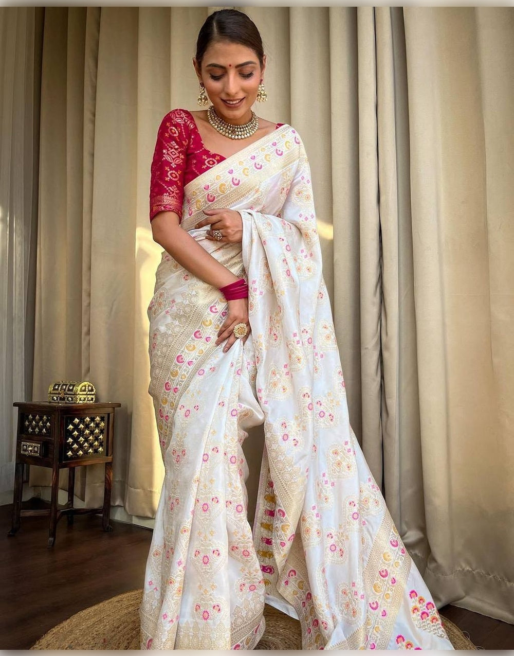 White Banarasi Soft Silk Saree With Zari Weaving Work