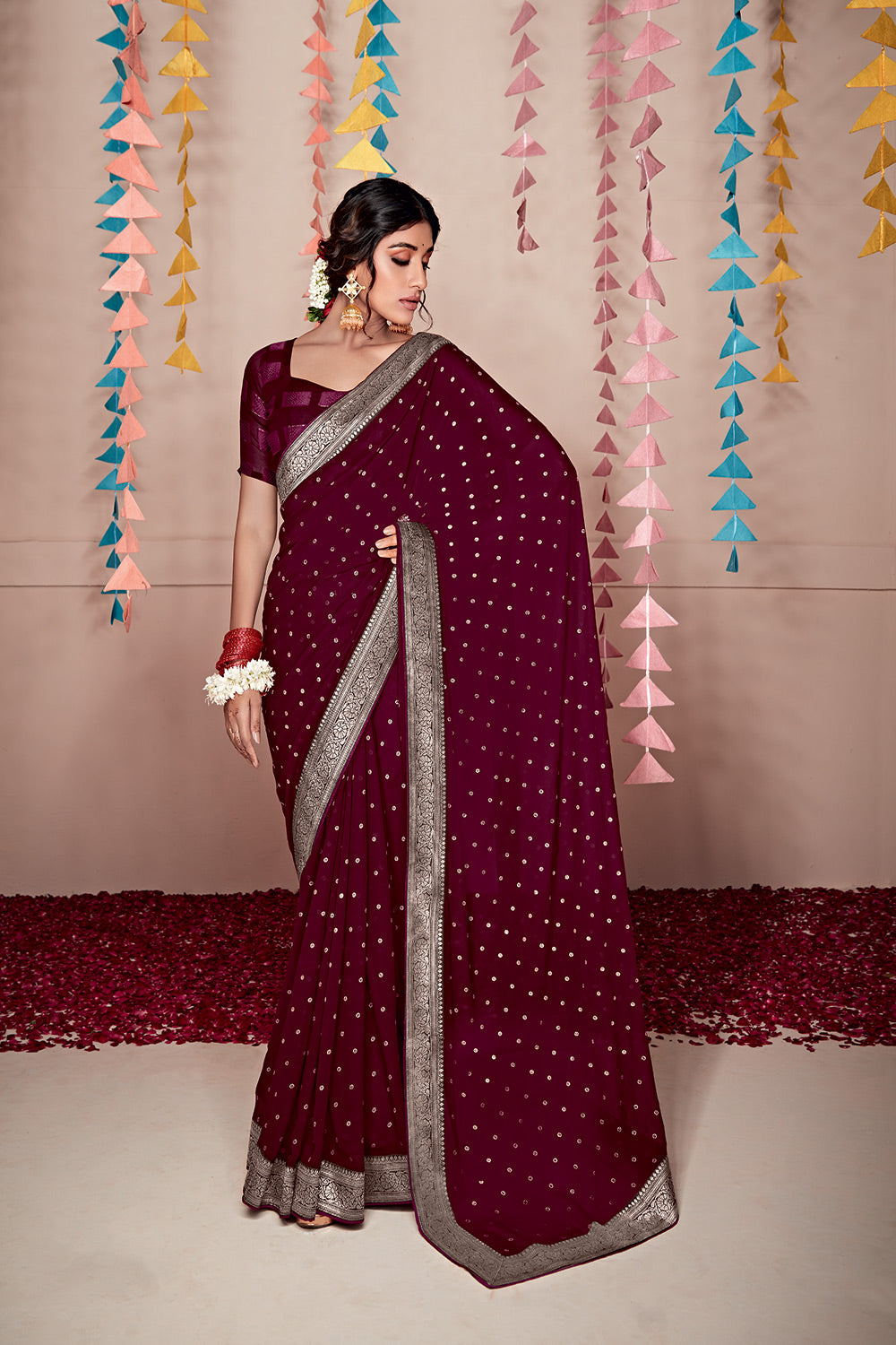 Wine Colour Georgette Weaving Saree