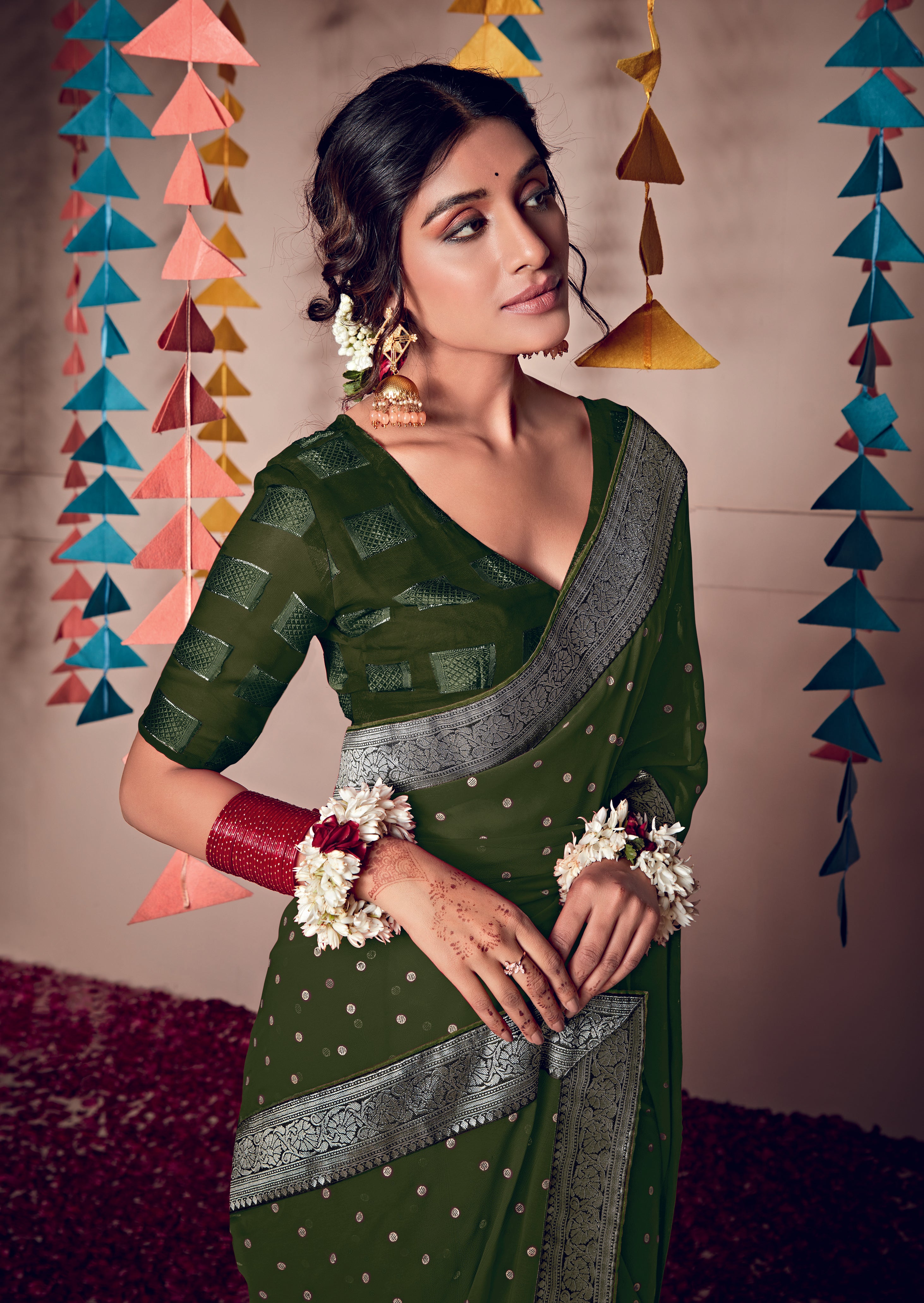 Dark Green Colour Georgette Weaving Saree