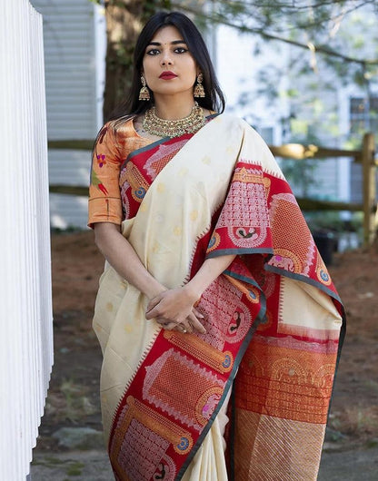 White &amp; Red Soft Banarasi Silk Saree With Zari Weaving Work