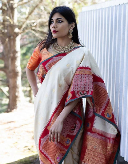 White &amp; Red Soft Banarasi Silk Saree With Zari Weaving Work