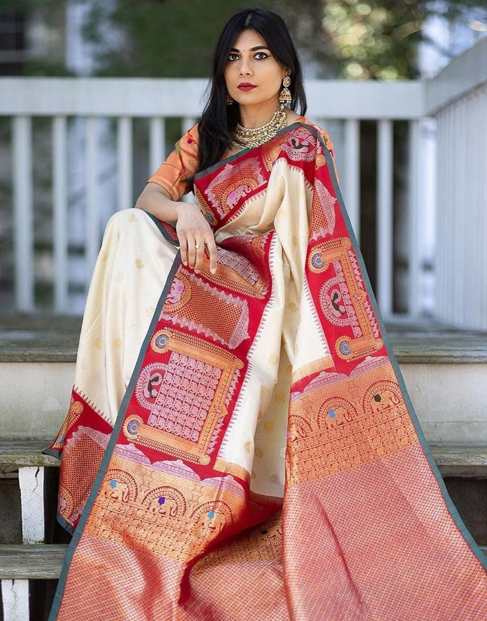 White &amp; Red Soft Banarasi Silk Saree With Zari Weaving Work