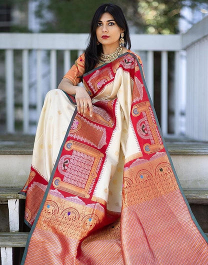 White &amp; Red Soft Banarasi Silk Saree With Zari Weaving Work